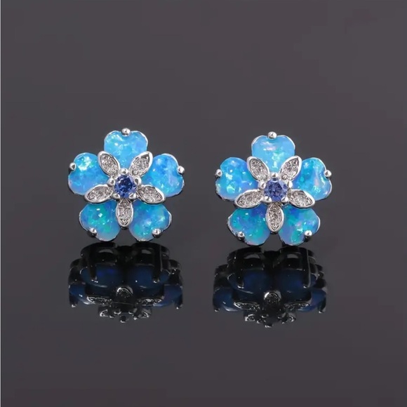 Jewelry - Blue Opal Flower Stud Earrings